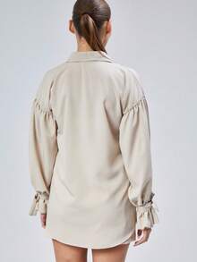 Women Drop Shoulder Solid Color Single-Breasted Casual Loose Blouse - Beige - View 3