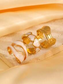 3pcs Set Fashionable Painted Oil Heart Line 18K Gold Plated Stainless Steel Rings, Suitable For Dating, Casual Wear