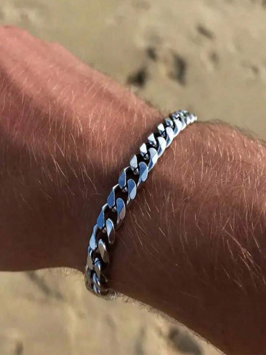 1pc Stainless Steel Cuban Chain Bracelet, Men's Hip Hop Accessory, Stylish Couple Jewelry, Father's Day Gift, Christmas, Thanksgiving, Holiday, Birthday, Christmas, New Year, Valentine's Day Present - Bracelet - View 1