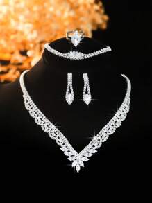 Conjunto de 5 peças de colar, brincos e pulseira geométrica de zircônia cúbica de luxo | Presente de casamento, viagens diárias, festas e feriados | Joias versáteis de alta qualidade