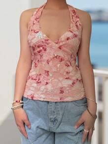 Women's Sequins Halter Tops Y2k Vintage Stylish Backless V Neck Sleeveless Slim Fit Cami Vest Summer Tank Top