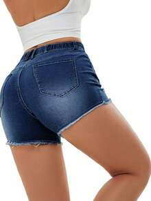 Women's Pocketed Distressed Elastic Drawstring Stretch Denim Shorts - Dark Wash - View 3