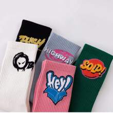 5 Pairs Unisex Mixed Color Letter Pattern Mid-Calf Socks, Streetwear Socks Suitable For Daily Wear