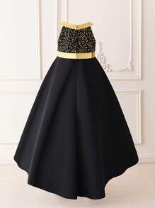 Vestido formal de hombros descubiertos de fiesta de boda para niña preadolescente, elegante vestido de dama de honor de tren para fiesta de cumpleaños, vestido de princesa lujoso negro y dorado para ocasiones especiales