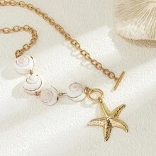 Andkiss 1pc Ocean Vacation Style Faux Shell & Pearl Asymmetrical Geometric Necklace