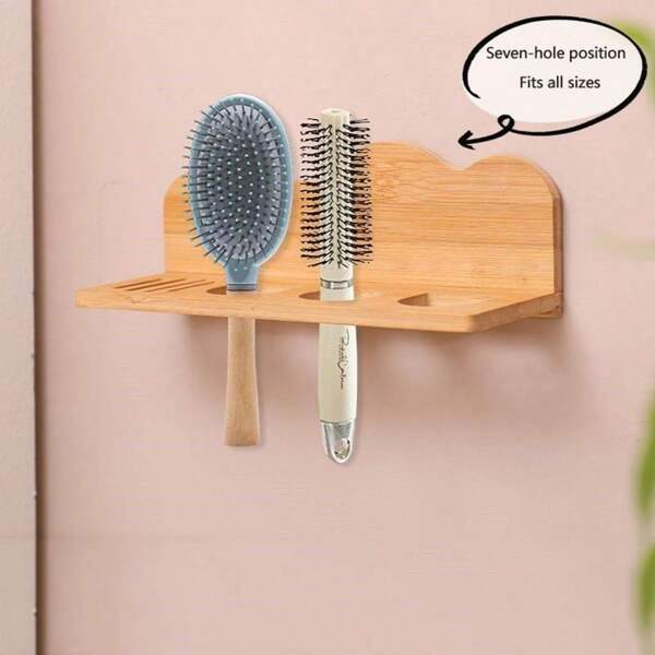 Soporte de pared de madera organizador montado para peines de baño, sin necesidad de taladrar, caja de almacenamiento de peines de estilo elegante, soporte para tocador, solución de almacenamiento de peines