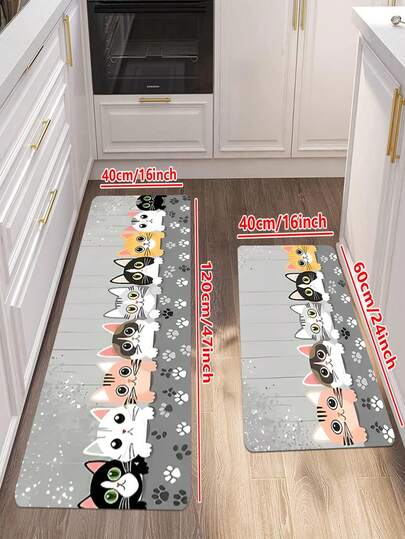 1/2 pièce Tapis de sol de salle de jeux mignon avec motif de chat de dessin animé, tapis de salle de bain, tapis de cuisine, tapis de salon, tapis de chambre à coucher, paillasson d'entrée lavable, tapis décoratif d'intérieur, tapis de sol de cuisine antidérapant