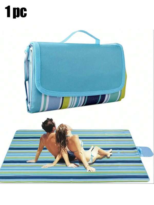 [Tappetino da spiaggia portatile] Tappetino da picnic all'aperto extra large di alta qualità, telo da picnic in tessuto Oxford pieghevole, spesso, impermeabile e anti-umidità, con maniglie, design a righe blu, cuscino da campeggio, tappetino da spiaggia a prova di sabbia, adatto per campeggio e hiking, raduni, spiagge