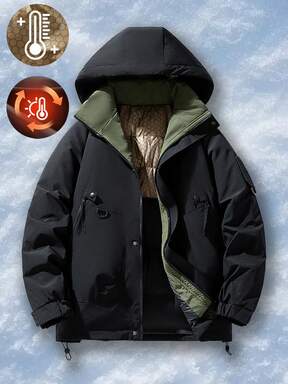 Veste d'homme, veste d'hiver à capuche chaude et coupe-vent épaisse, coupe-vent décontracté en graphène noir et or