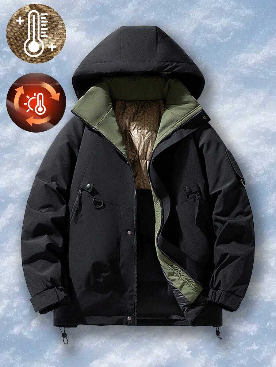 Men's Jacket, Hooded Warm Thick Jacket, Graphene Black Gold Casual Windproof Coat For Winter - Black - View 1