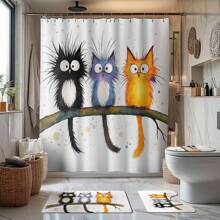 4 Stücke süße Cartoon Katzen Badezimmer Duschvorhang Set, beinhaltet Badematte, U-förmiger Toilettendeckel, wasserdichter Duschvorhang, modische Vorhangpaneele für Badezimmerdekoration, moderner Stil, keine Bohrung erforderlich, maschinenwaschbares Badezimmerzubehör für den Schulanfang