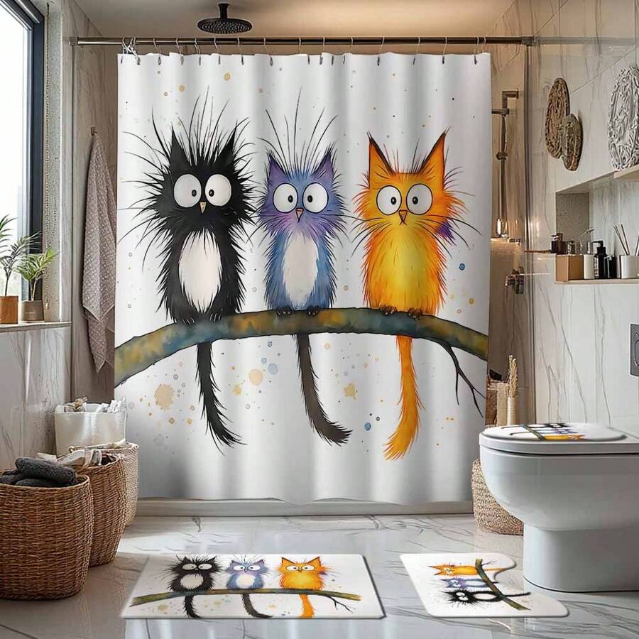 4 Stücke süße Cartoon Katzen Badezimmer Duschvorhang Set, beinhaltet Badematte, U-förmiger Toilettendeckel, wasserdichter Duschvorhang, modische Vorhangpaneele für Badezimmerdekoration, moderner Stil, keine Bohrung erforderlich, maschinenwaschbares Badezimmerzubehör für den Schulanfang