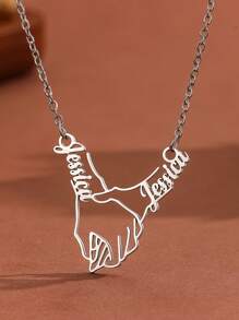 1pc Personalized Custom Name Content Hand In Hand Hollow Pendant Necklace Boy Girl Stainless Steel Jewelry Valentine's Lover Gift