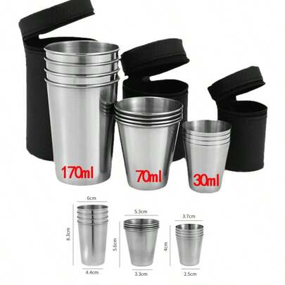 Stainless Steel Cups 5pcs Set - Reusable, No Power Needed, Hand Wash- Portable Mini Whiskey Shot Glasses For Outdoor, Travel, Picnic, Party Supplies