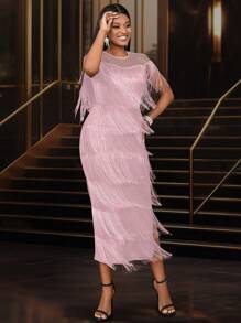 Women's Short Sleeve See-Through Gauze Patchwork Fringe Dress, Banquet, Host, Date, Birthday Spring Outfits For Women