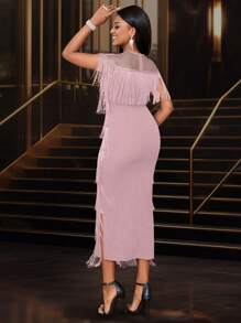 Women's Short Sleeve See-Through Gauze Patchwork Fringe Dress, Banquet, Host, Date, Birthday Spring Outfits For Women