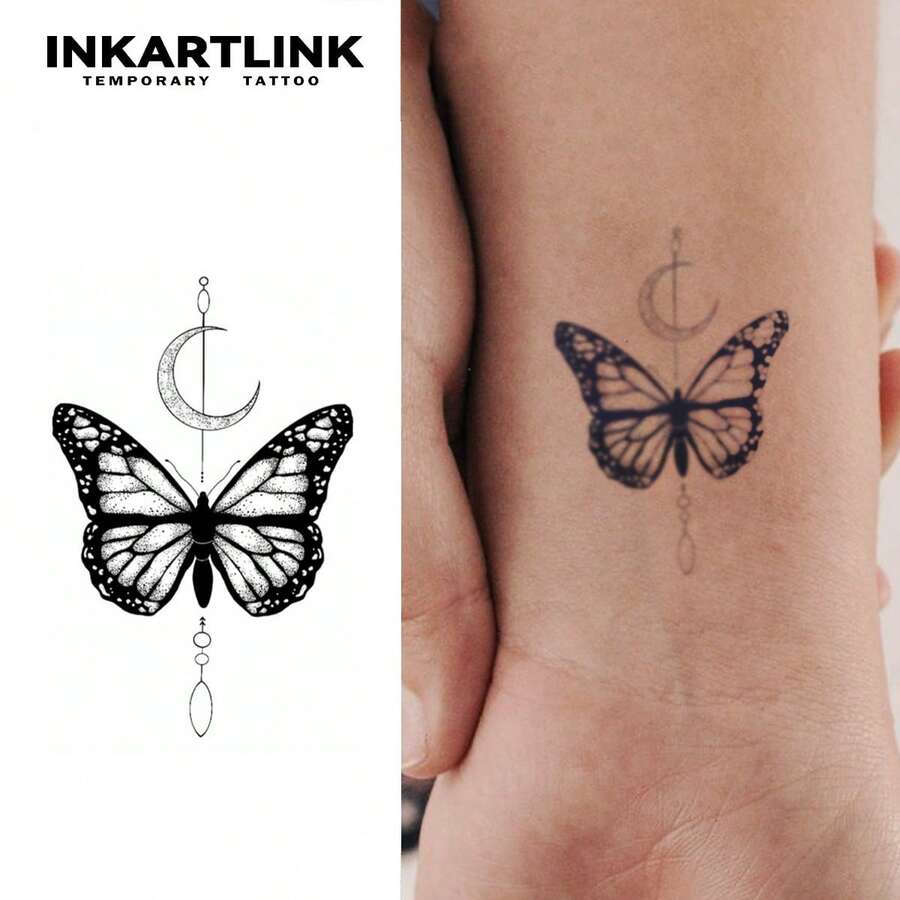 INKARTLINK 3 件蝴蝶和新月临时纹身 | 极简主义深色风格锁骨纹身 | 防水 14 天 | 适用于手腕和脚踝