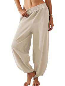 Womens Baggy Wide Leg Pants Casual Elastic Waisted Loose Palazzo Harem Pants With Pockets - Màu be - Xem 1