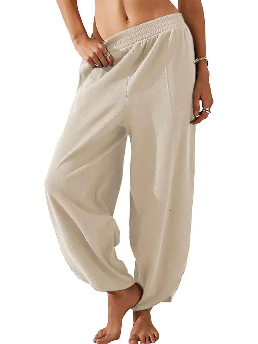 Womens Baggy Wide Leg Pants Casual Elastic Waisted Loose Palazzo Harem Pants With Pockets - Màu be - Xem 1