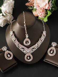 Juego de joyería de 4 piezas, lujoso y elegante, con cristales, que incluye aretes, collar, accesorio para el cabello, adecuado para novia de Dubái, fiesta de boda - conjunto de joyas - Ver 8