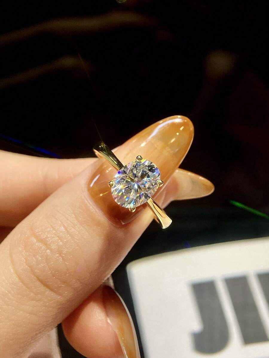 1pc 1-2 Carat 4-Prong Oval D-Color Moissanite Engagement Ring, Luxury S925 Sterling Silver Wedding Band, Anniversary Commitment Ring, Luxury Jewelry Gift - Gold - View 1