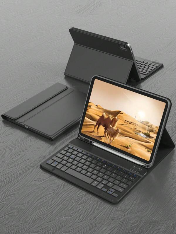 Apfel Tastatur Hülle kompatibel mit iPad, Schutzhülle, unterstützt automatisches Schlafen/Wecken, Tablet-Schreibhülle mit abnehmbarer kabelloser Bluetooth-Tastatur, Batterie 150 mAh, schlanke, leichte Ständerhülle mit Stifthalter - Schwarz
