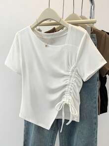夏季新款休闲不对称设计抽绳短袖T恤 - 白色 - 查看 4