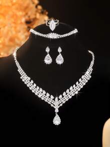 Conjunto de 5 peças de colar, brincos e pulseira geométrica de zircônia cúbica de luxo | Presente de casamento, viagens diárias, festas e feriados | Joias versáteis de alta qualidade