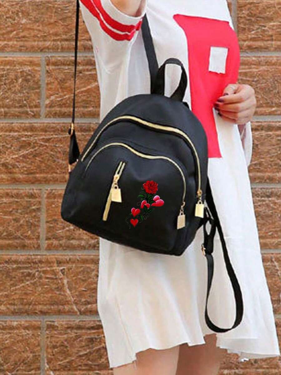 印花玫瑰图案简约女士背包，尼龙面料，学院风，休闲，旅行，多功能 - 黑色 - 查看 1