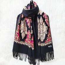 1 pièce Écharpe de femme en imitation cachemire brodée pour l'automne et l'hiver, épaissie et chaude, avec des glands, châle de voyage et cape style bohème brodé