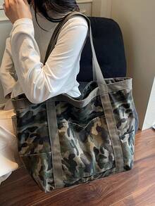 1 件女士迷彩绿色托特包，休闲大容量单肩包，多口袋帆布包，时尚购物袋，学院风大学生书包，适合日常通勤、短途旅行、露营，拉链开合，实用，可折叠 - 彩色 - 查看 5