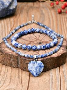 2pcs Vintage Nature Sodalite Stone Necklace And Bracelet Set, Heart Pendant Choker, Handmade Beaded Bracelet, Special Gift - Multicolor - View 3