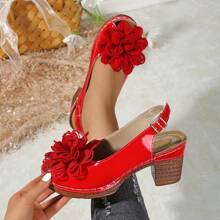 Sandalias elegantes de tacón alto con decoración de flores rojas de moda 2025, adecuadas para fiestas y uso al aire libre, correa tipo tick con tacones abiertos y dedos de los pies, estilo clásico casual de verano