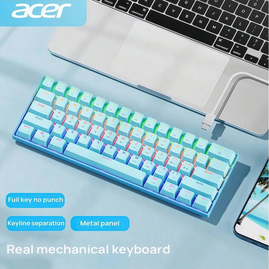 Acer OKW210 Type-C Gaming Mechanical Keyboard 61 Keys Ultra-Portable Design 0.1ms Rapid Trigger RGB Colorful Gaming Keyboard Blue - Blue - View 1