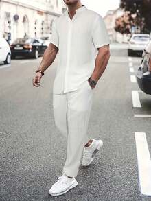 Men's Casual Summer Suit, Simple And Solid Men's Shirt Suit, Casual Short-Sleeved Shirt With Striped Buttons And Elastic Waist Trousers, Suitable For Vacation, Casual Wear, Daily Wear, Suitable As A Gift For Family, Boyfriend, Husband. - 白色 - 查看 1