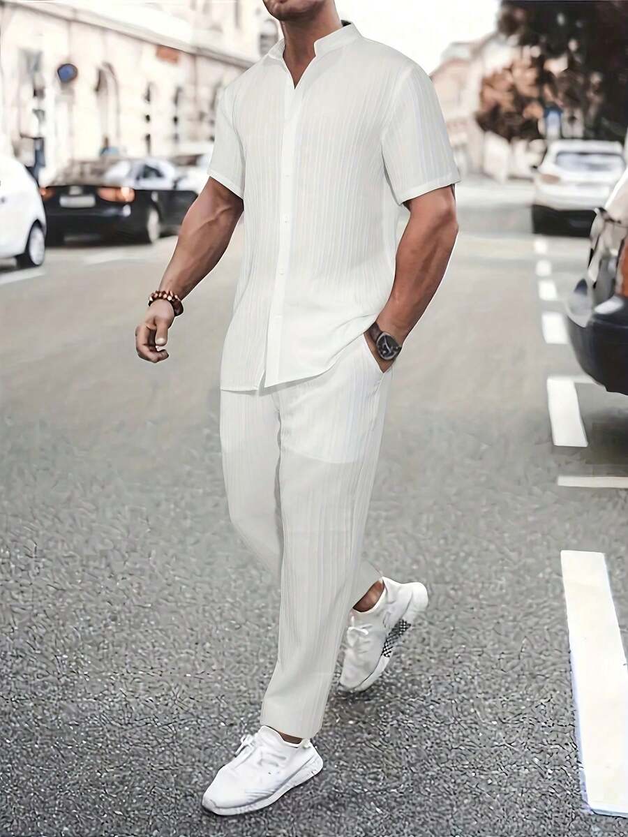 Men's Casual Summer Suit, Simple And Solid Men's Shirt Suit, Casual Short-Sleeved Shirt With Striped Buttons And Elastic Waist Trousers, Suitable For Vacation, Casual Wear, Daily Wear, Suitable As A Gift For Family, Boyfriend, Husband. - 白色 - 查看 1