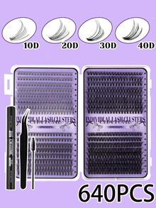 640 件 DIY 睫毛延长套装 - 混合长度 10-16 毫米，包括 10D、20D、30D 和 40D、50D、60D、80D、100D 簇，猫眼、角色扮演、俄罗斯卷、自然、浓密和戏剧风格，包括粘合剂和密封胶、镊子，适合初学者，0.07 毫米厚度，D 卷曲，适合家庭使用。睫毛簇套装，睫毛，睫毛，假睫毛 - 紫色 - 查看 9