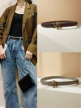 1 pieza Cinturón para mujer con hebilla lisa con letras, ancho de 2.5cm, estilo clásico y de moda, versátil para combinar con vaqueros, regalo ideal, estilo casual