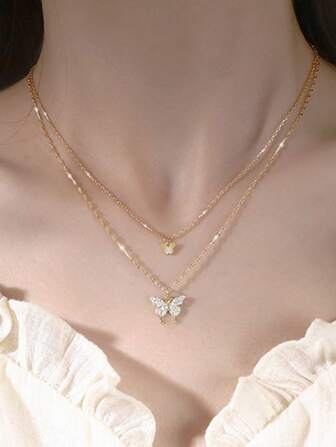 1 件优雅双层蝴蝶吊坠项链，时尚百搭女士颈链，适合节日和日常佩戴