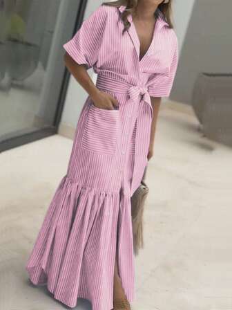 Women's Summer Casual Style, Fashion Elegant, Striped Lapel Belt And Long Dress In Front Are Suitable For Graduation Outfit.