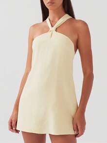 Y2k Women Graduation Halter Mini Dress Tie Up Backless Sleeveless Bodycon Cami Short Dresses Aesthetic Summer - Màu vàng - Xem 1