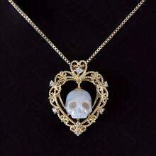 Pearl Skull Necklace Heart Skull Pendant Carved Pearl Pendant Gothic Jewelry White Pearl Pendant Gothic Pendant Skeleton Pendant - 金色 - 查看 4