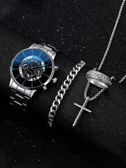 4件套男士银色不锈钢表带休闲商务风石英表+项链套装，适合日常佩戴和节日送礼。