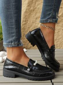 Black Patent Leather Mary Jane Platform Oxford Shoes For Women, Chunky Sole Pearl Decor French Style Loafers, 2025 Spring Autumn New Collection