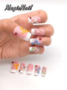 10 Pieces Of Pure Hand-Pressed Wearable Nails, Press On Nails,25mm-Length Nail Pieces, Flesh-Colored White Contrasting, Multiple Hand-Pinched Raised Petals To Draw A Variety Of Different Styles Of Flowers, Yellow, Green, Pink, Blue, Etc., Raised Green Leaf Shape, Multiple Raised Ladybug Shape, Beetle.