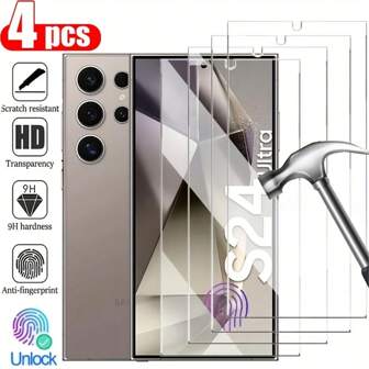 NNBILI 4pcs Fingerprint Unlock Tempered Glass Screens Protect Compatible With Samsung S24 Ultra S25 Ultra S25 S23 S22 S21 Plus - 9H Hardness, High Definition, Fingerprint Resistant, Scratch Resistant, Bubble-Free Installation, Full Screen Protection, Fingerprint Resistant Glass | High Definition Display | Scratch Resistant Glass, Screen Protectors For Smartphones Waterproof Shockproof Anti-Fall Anti-Fall