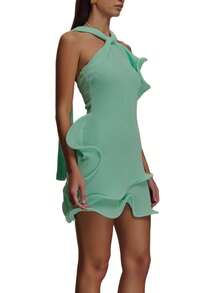 Women Y2k Knitted Mini Dress With Scarf Sleeveless Crochet Lotus Leaf Edge Bodycon Short Dresses Halter Dresses Backless Club Party Night Short Dresses Summer Beach Vacation Sundress - 綠色 - 查看 5