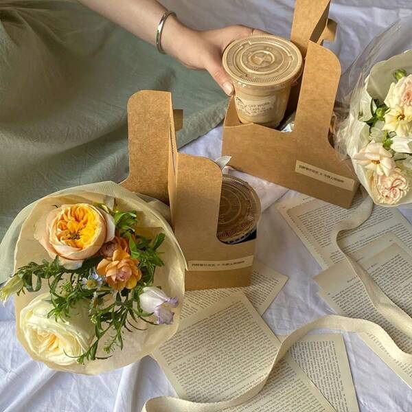 1 pieza Caja para transportar flores, caja de café, caja para llevar, caja para postres y pasteles, caja de regalo con diseño floral azul para manualidades DIY, bolsa para transportar flores (sin flores incluidas)