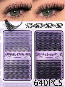 640 件 DIY 睫毛延长套装 - 混合长度 10-16 毫米，包括 10D、20D、30D 和 40D、50D、60D、80D、100D 簇，猫眼、角色扮演、俄罗斯卷、自然、浓密和戏剧风格，包括粘合剂和密封胶、镊子，适合初学者，0.07 毫米厚度，D 卷曲，适合家庭使用。睫毛簇套装，睫毛，睫毛，假睫毛 - 紫色 - 查看 4