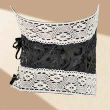 1 件女士 4 钩提花蕾丝束胸衣，系带束胸衣，适合日常穿着 - 黑色 - 查看 8